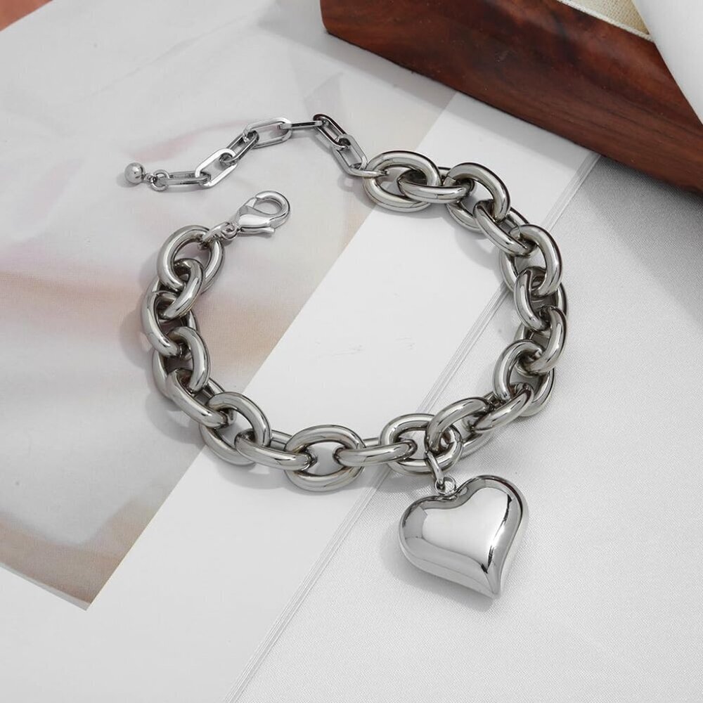 Women’s Silver Heart Charm Bracelets Gold Plated Link Adjustable Jewelry - Picture 6 of 7